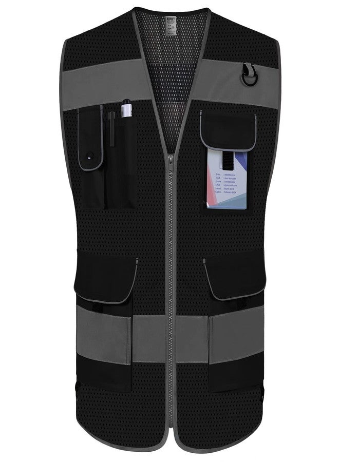 TCCFCCT Mesh Safety Vest for Men Women, 9 Pockets High Visibility Reflective Vest for Safety, Work Vest with Reflective Strips, Meets ANSI/ISEA Standards, (Black, X-Large) - Image 1